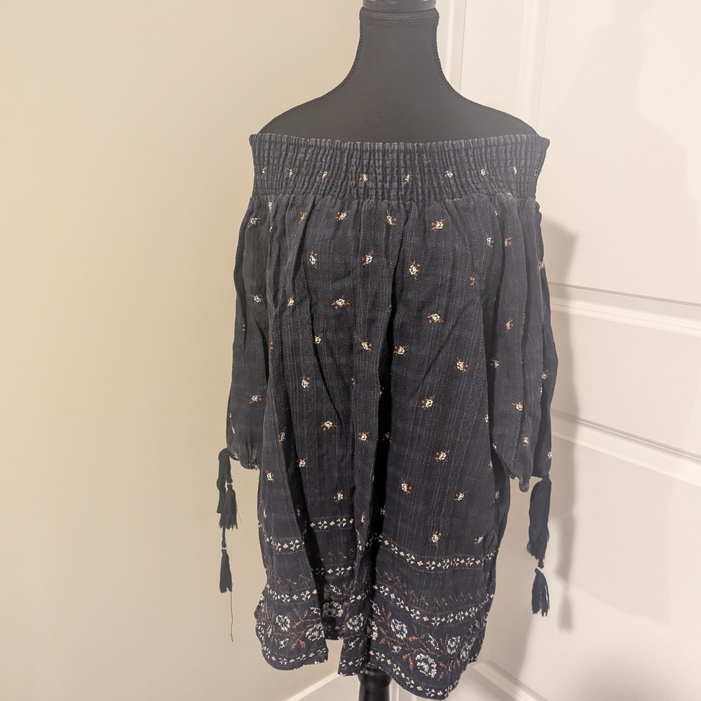 INDISKA | Off-Shoulder Navy Cotton Bohemian Beach Summer Dress, 3/4 Sleeve, Med.